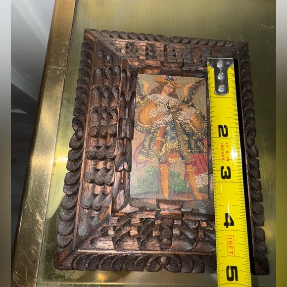 Antique Cuzco Peru Spanish Colonial Angel On Hand Carved Wood Frame Small - Picture 4 of 7